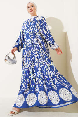 Otantik Desen Düğmeli Kat Elbise Mavi 