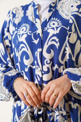 Otantik Desen Düğmeli Kat Elbise Mavi - Tesettür Elbise