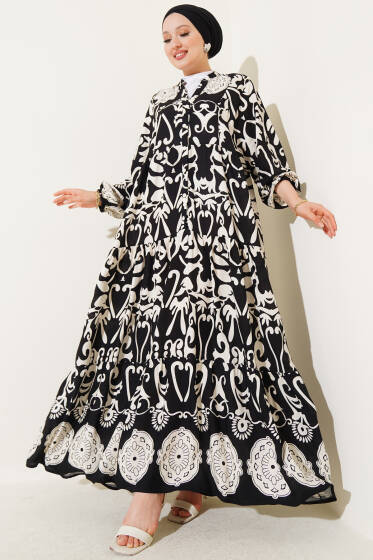 Otantik Desen Düğmeli Kat Elbise Siyah - Elbise