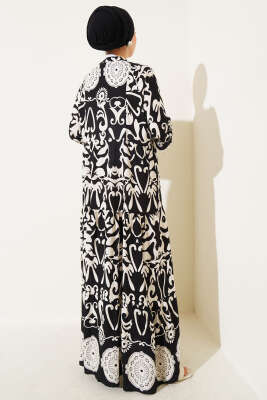 Otantik Desen Düğmeli Kat Elbise Siyah - Tesettür Elbise