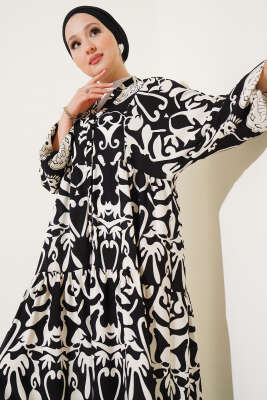 Otantik Desen Düğmeli Kat Elbise Siyah - Tesettür Elbise