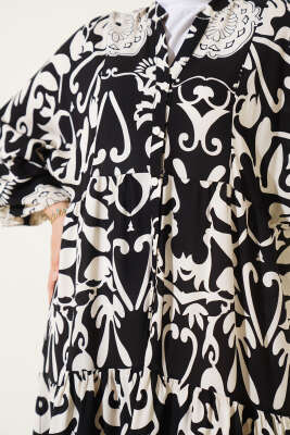 Otantik Desen Düğmeli Kat Elbise Siyah - Tesettür Elbise