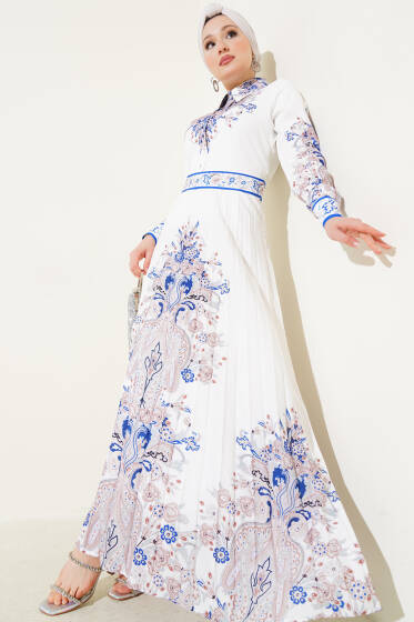 Otantik Desen Etek Pileli Elbise Beyaz - Elbise