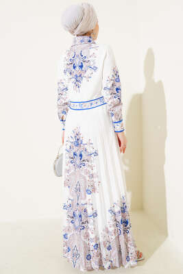 Otantik Desen Etek Pileli Elbise Beyaz - Tesettür Elbise
