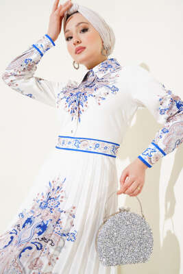 Otantik Desen Etek Pileli Elbise Beyaz - Tesettür Elbise