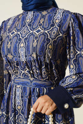 Otantik Desen Kat Kat Elbise Lacivert - Tesettür Elbise