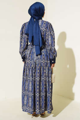 Otantik Desen Kat Kat Elbise Lacivert - Tesettür Elbise