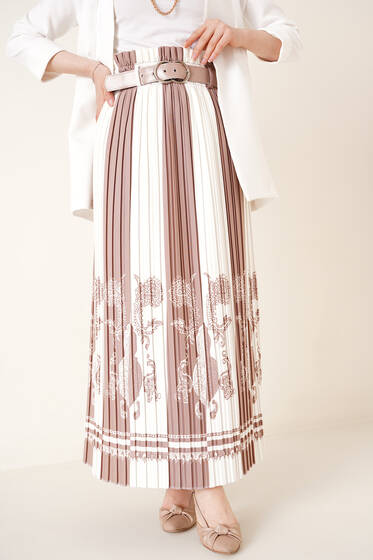 Otantik Desen Pileli Etek Gül Kurusu - Uzun Etek