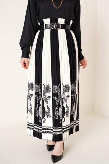 Otantik Desen Pileli Etek Siyah - Uzun Etek