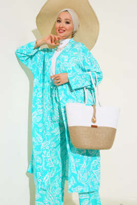 Otantik Desen Salaş Kimono İkili Takım Mint - İkili Takım