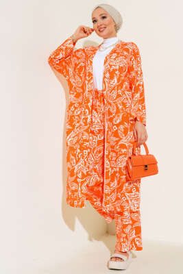 Otantik Desen Salaş Kimono İkili Takım Oranj 
