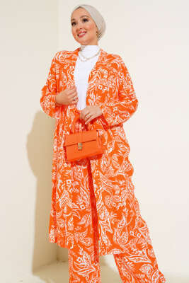 Otantik Desen Salaş Kimono İkili Takım Oranj - İkili Takım