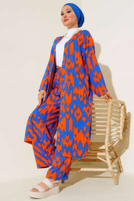 Otantik Desen Salaş Kimono İkili Takım Saks Oranj 