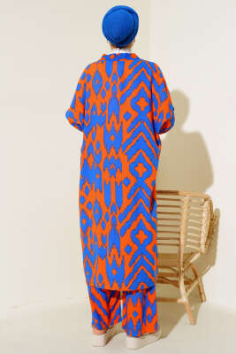 Otantik Desen Salaş Kimono İkili Takım Saks Oranj - İkili Takım