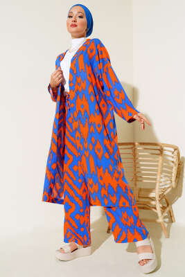 Otantik Desen Salaş Kimono İkili Takım Saks Oranj - İkili Takım