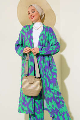 Otantik Desen Salaş Kimono İkili Takım Yeşil Menekşe - İkili Takım