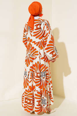 Otantik Desen Yaka Püsküllü Elbise Bej Oranj - Tesettür Elbise