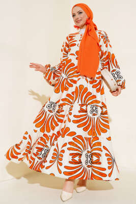 Otantik Desen Yaka Püsküllü Elbise Bej Oranj - Tesettür Elbise