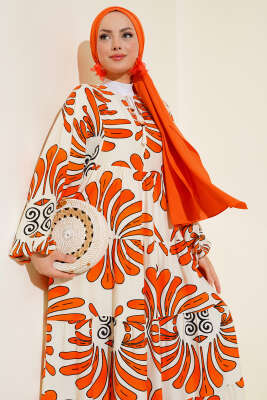 Otantik Desen Yaka Püsküllü Elbise Bej Oranj - YÖNE TEKSTİL