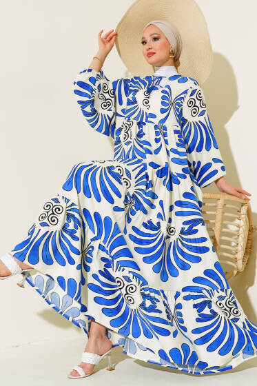 Otantik Desen Yaka Püsküllü Elbise Ekru Saks - Elbise