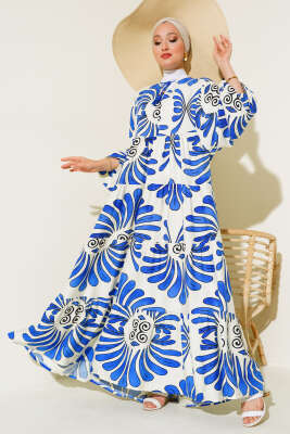 Otantik Desen Yaka Püsküllü Elbise Ekru Saks - Tesettür Elbise