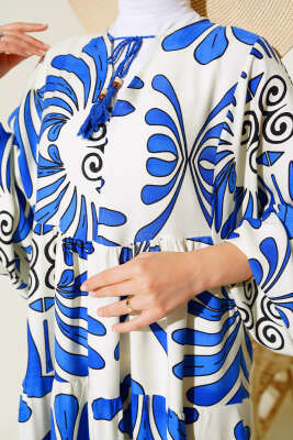 Otantik Desen Yaka Püsküllü Elbise Ekru Saks - Tesettür Elbise