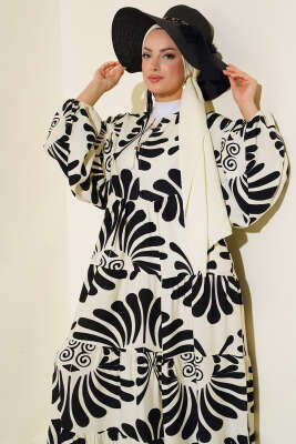 Otantik Desen Yaka Püsküllü Elbise Ekru Siyah - Tesettür Elbise