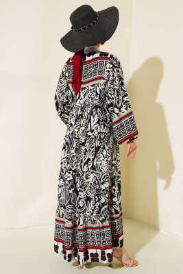 Otantik Desen Yaka Püsküllü Elbise Siyah Bordo - Tesettür Elbise