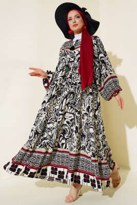 Otantik Desen Yaka Püsküllü Elbise Siyah Bordo - Tesettür Elbise