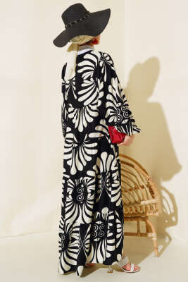 Otantik Desen Yaka Püsküllü Elbise Siyah - Tesettür Elbise