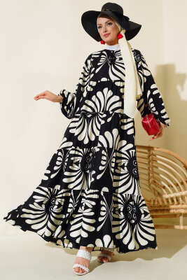 Otantik Desen Yaka Püsküllü Elbise Siyah - Tesettür Elbise