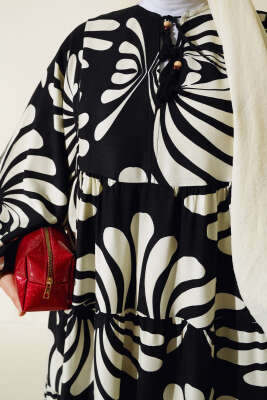 Otantik Desen Yaka Püsküllü Elbise Siyah - Tesettür Elbise