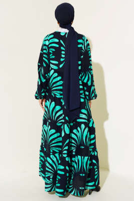 Otantik Desen Yaka Püsküllü Elbise Siyah Yeşil - Tesettür Elbise