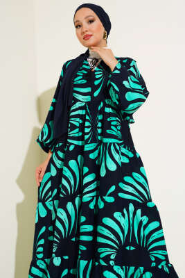 Otantik Desen Yaka Püsküllü Elbise Siyah Yeşil - Tesettür Elbise