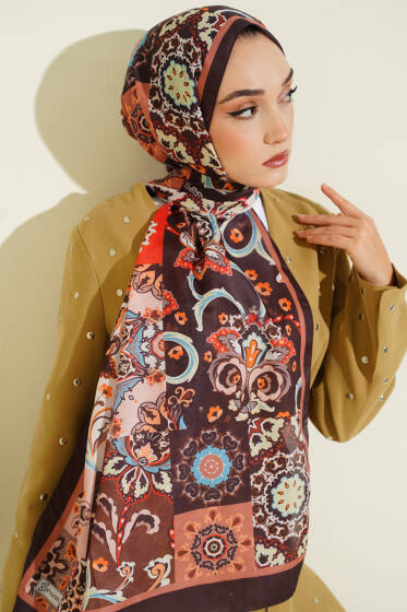 Otantik Desenli Çiçekli Şal Acı Kahve - Başörtüsü
