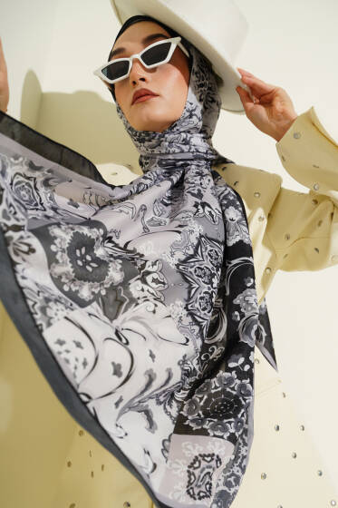 Otantik Desenli Çiçekli Şal Antrasit - Başörtüsü