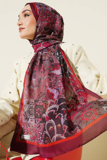Otantik Desenli Çiçekli Şal Bordo - Başörtüsü