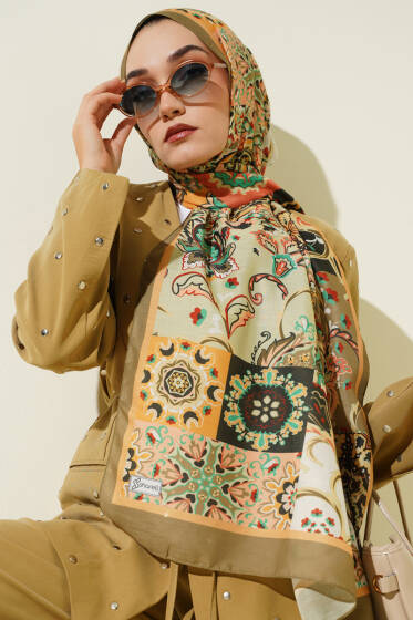 Otantik Desenli Çiçekli Şal Çağla Yeşili - Başörtüsü