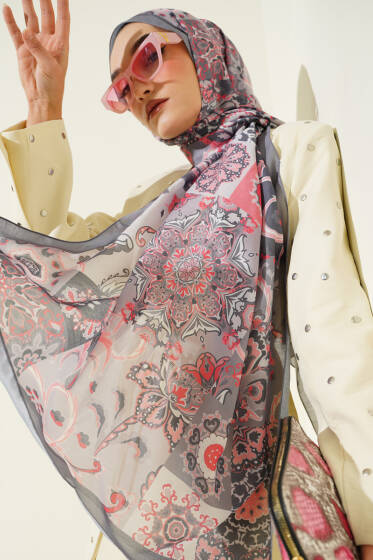 Otantik Desenli Çiçekli Şal Gri - Başörtüsü