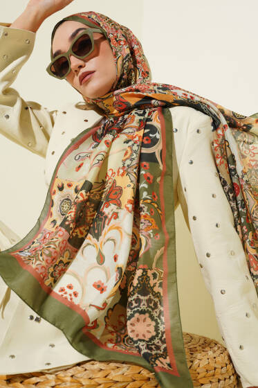 Otantik Desenli Çiçekli Şal Haki - Başörtüsü