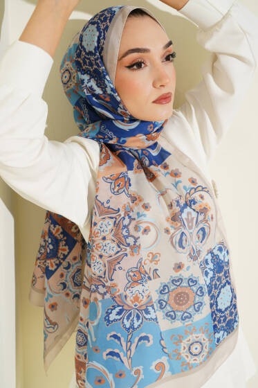 Otantik Desenli Çiçekli Şal Kum Bej - Başörtüsü