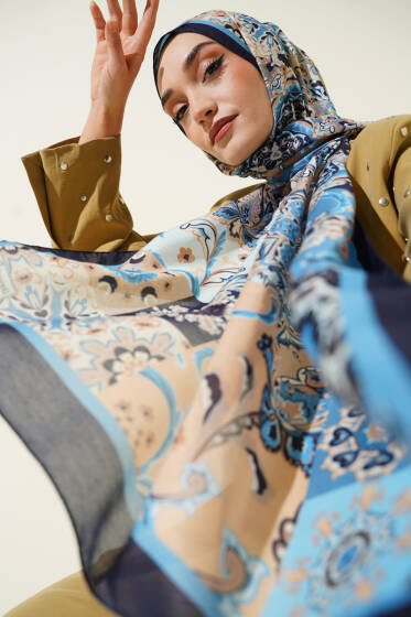 Otantik Desenli Çiçekli Şal Lacivert - Başörtüsü