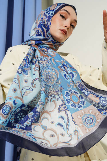 Otantik Desenli Çiçekli Şal Saks - Başörtüsü