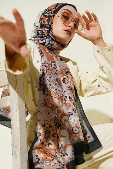 Otantik Desenli Çiçekli Şal Siyah - Başörtüsü