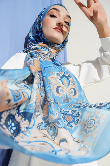 Otantik Desenli Çiçekli Şal Soft Mavi - Başörtüsü