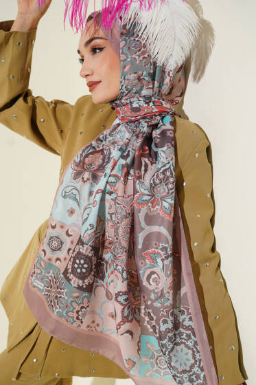 Otantik Desenli Çiçekli Şal Vizon - Başörtüsü