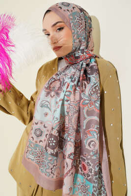 Otantik Desenli Çiçekli Şal Vizon - Başörtüsü