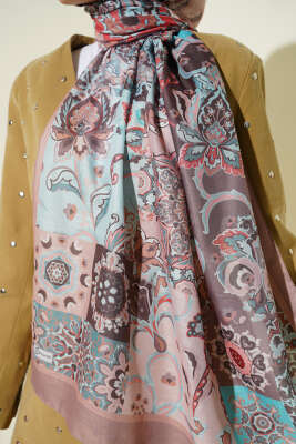 Otantik Desenli Çiçekli Şal Vizon - Başörtüsü