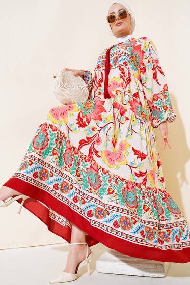 Otantik Desenli Düğmeli Elbise Bordo - Tesettür Elbise