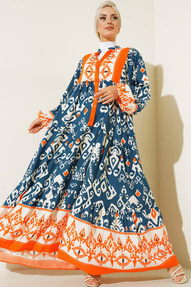 Otantik Desenli Düğmeli Elbise İndigo - Tesettür Elbise